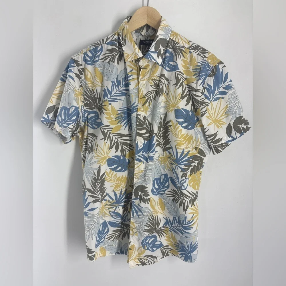 Express Hawaiian Shirt Mens Button Front Yellow /Blue - Large - Picture 1 of 7